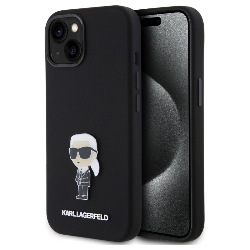 Karl Lagerfeld Liquid Silicone Metal Ikonik puzdro pre iPhone 15 čierna KLHCP15SSMHKNPK