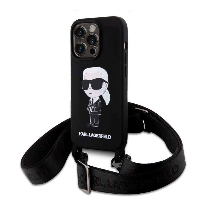 Karl Lagerfeld Liquid Silicone Crossbody Ikonik puzdro pre iPhone 15 Pro Max čierna KLHCP15XSCBSKNK