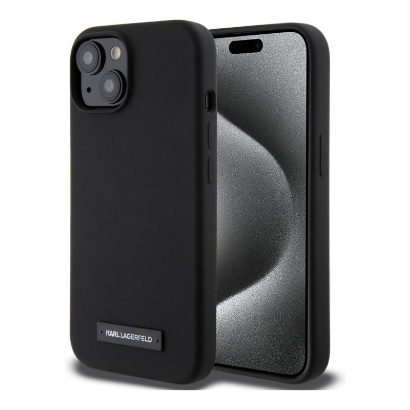Karl Lagerfeld Liquid Silicone Plaque MagSafe Case for iPhone 15 schwarz KLHMP15SSLMP1K
