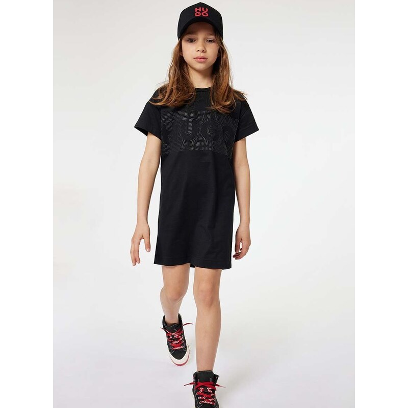 Dievčenské bavlnené šaty HUGO čierna farba, mini, rovný strih