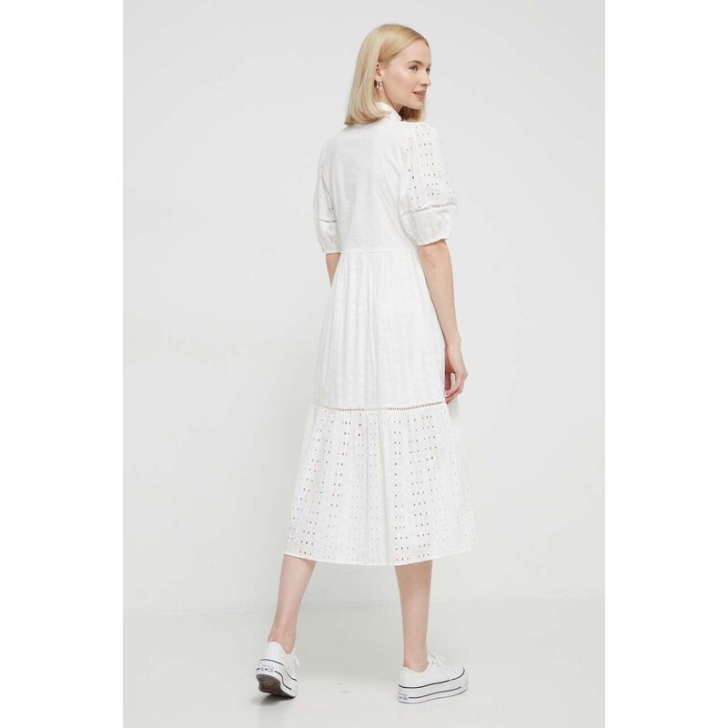 Bavlnené šaty Desigual biela farba, midi, áčkový strih, 24SWVW59