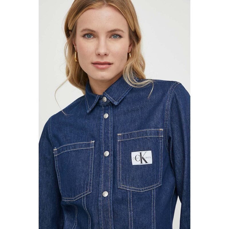 Rifľová košeľa Calvin Klein Jeans dámska,tmavomodrá farba,regular,s klasickým golierom,J20J222825
