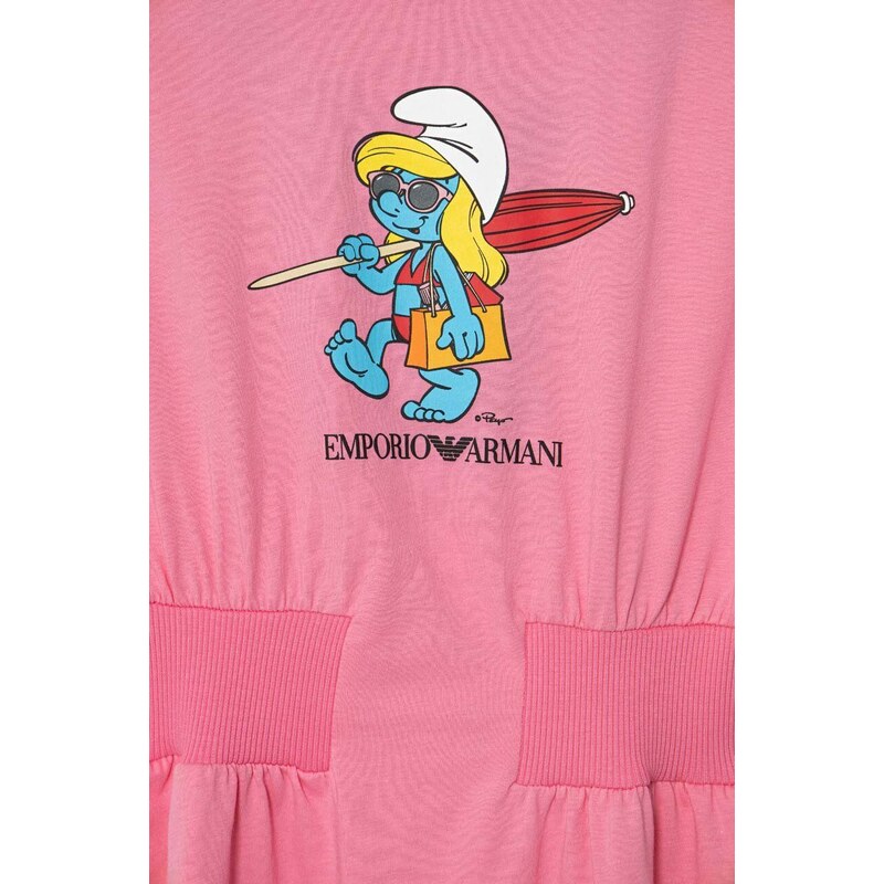 Dievčenské bavlnené šaty Emporio Armani x The Smurfs ružová farba, mini, áčkový strih