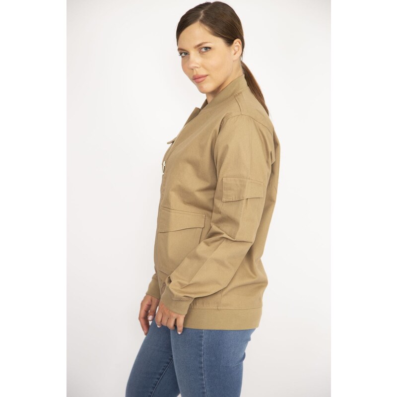 Şans Women's Camel Plus Size Front Zippered Pocket Detailed Unlined Coat