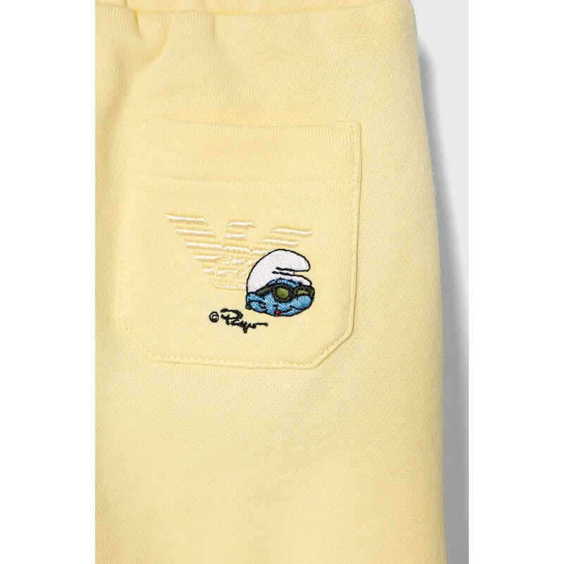 Detské bavlnené tepláky Emporio Armani x The Smurfs žltá farba, jednofarebné