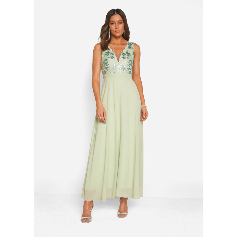 bonprix Šifónové šaty s flitrovanou výšivkou, farba zelená, rozm. 42