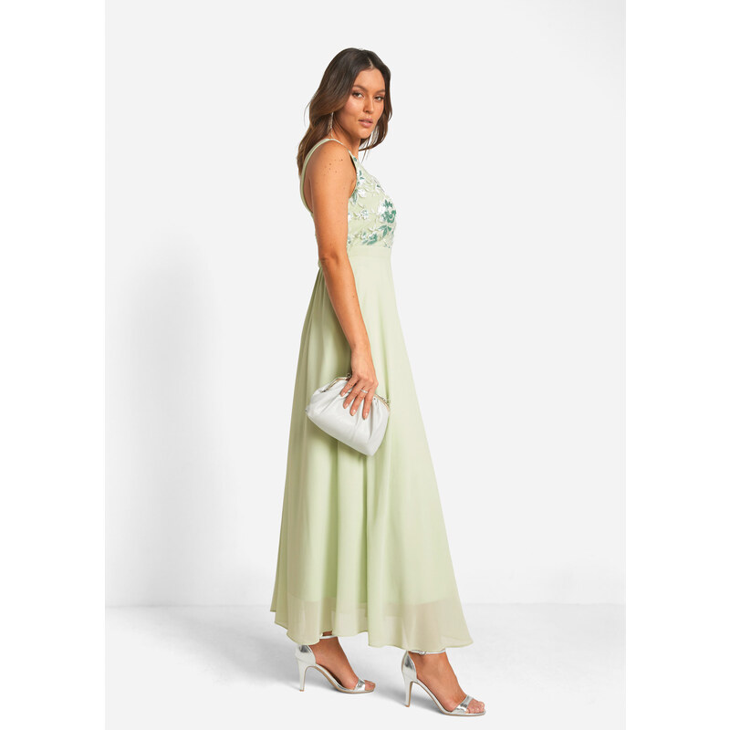 bonprix Šifónové šaty s flitrovanou výšivkou, farba zelená, rozm. 42