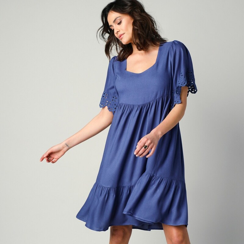 Šaty s anglickou výšivkou modrá džínsová 038 Blancheporte 49223713