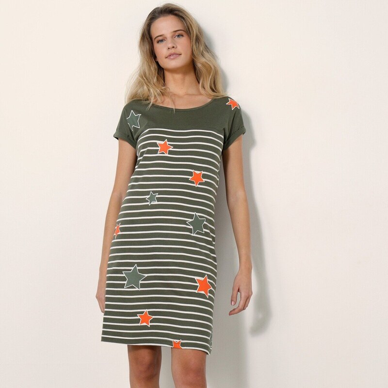 Nočná košeľa s pruhami a hviezdičkami khaki 036 Blancheporte 49240149