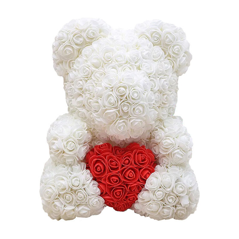 BudNej Medvedík z ruží so srdcom 25 cm - biely - v darčekovom balení - MN9407