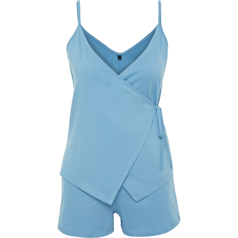 Trendyol Blue 100% Cotton Tie Detailed Undershirt-Shorts Knitted Pajamas Set