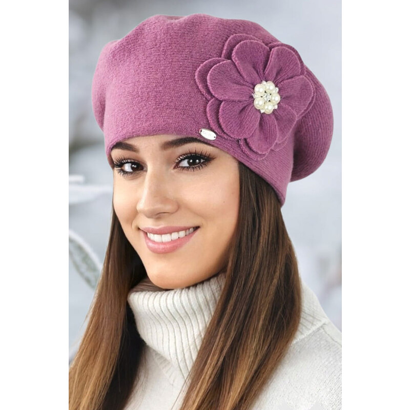 Kamea Fialová lila luxusná elegantná dámska baretka na zimu s kvetom Kalia, Farba fialová