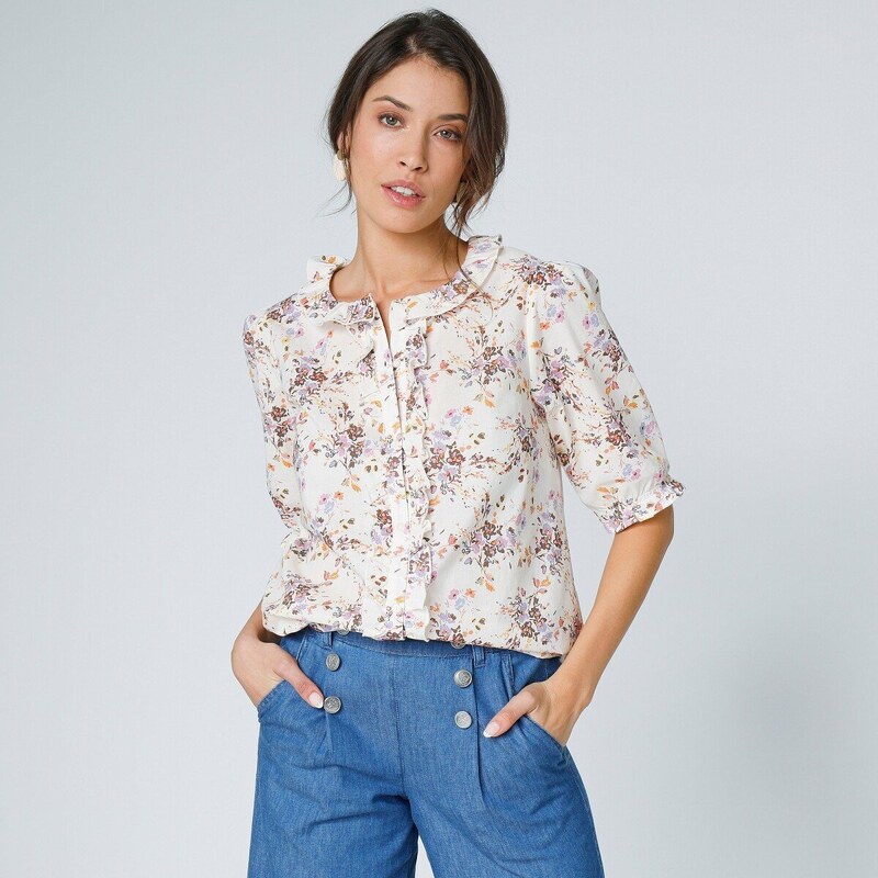 Blúzka s volánmi a rukávmi po lakte, kvetovaná potlač ražná/ružová 046 48126155