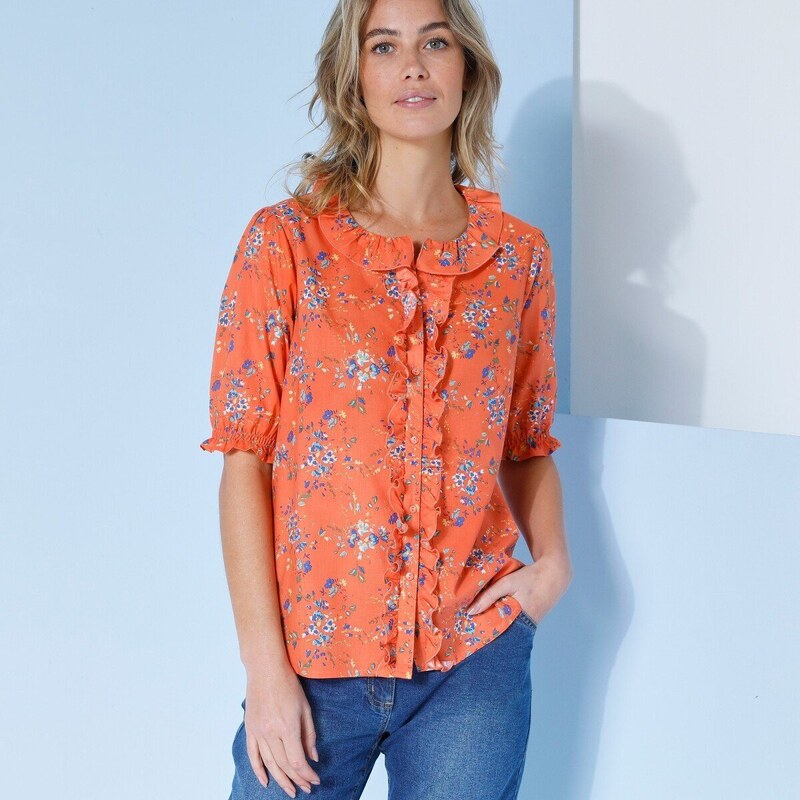 Blúzka s volánmi, kvetinová potlač broskyňová/tmavomodrá 036 48781693