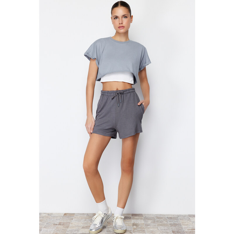 Trendyol Anthracite Elastic Waist Basic Soft Buttoned Knitted Shorts & 50670153