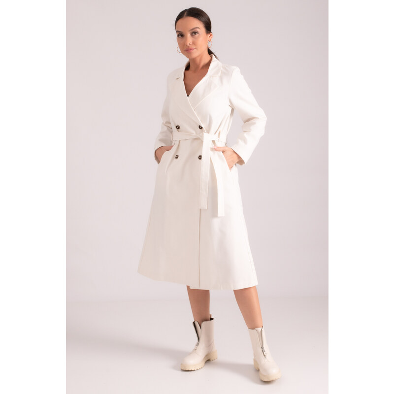 armonika Women's Ecru Double Breasted Collar Waist Belted Long Trench Coat with Pocket