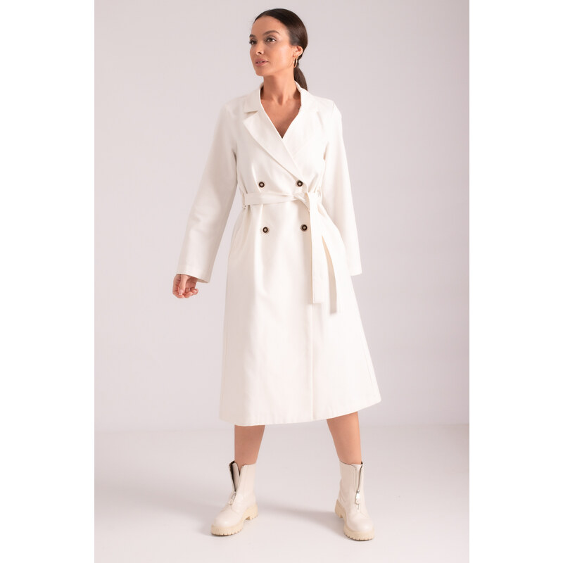 armonika Women's Ecru Double Breasted Collar Waist Belted Long Trench Coat with Pocket