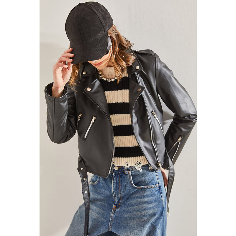 Dámska kožená bunda Bianco Lucci s epauletovými rukávmi, zipsom a 50584982