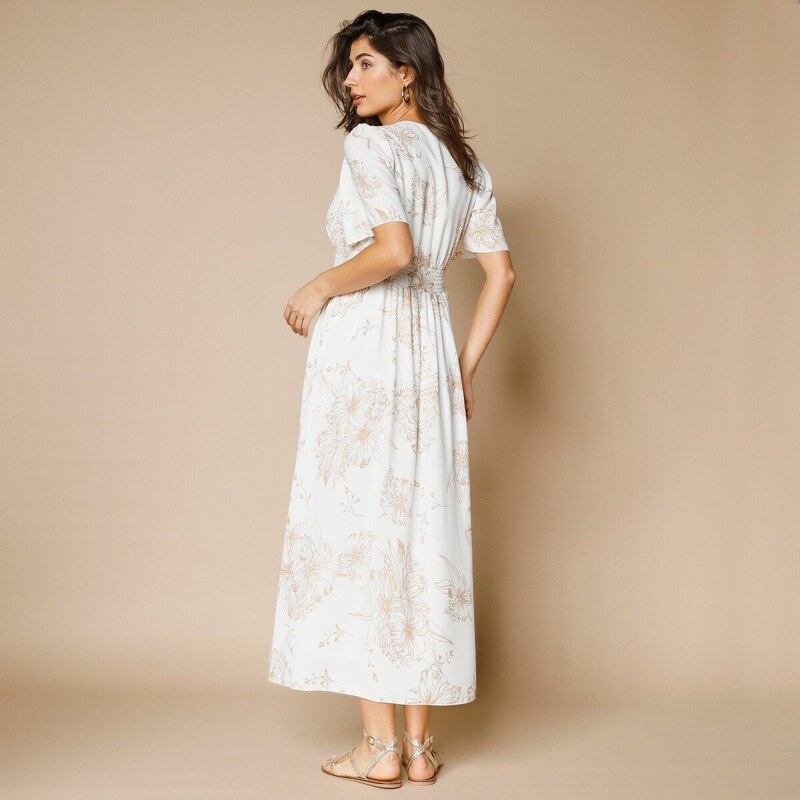 Blancheporte Dlhé šaty so širokými rukávmi a potlačou biela/karamelová 036