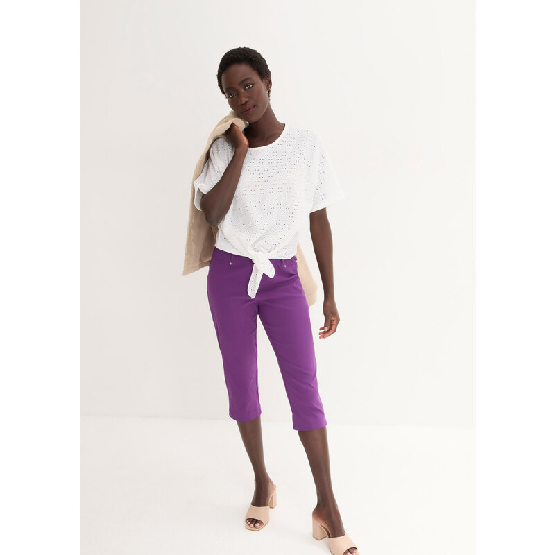 bonprix Strečové capri nohavice s elastickým pásom, farba fialová