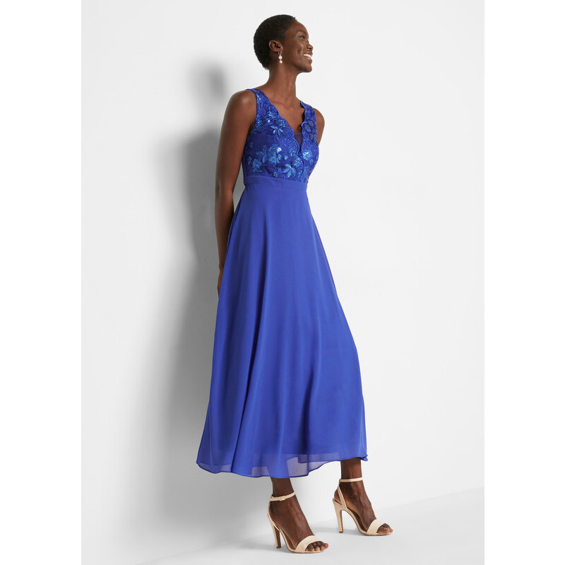 bonprix Šifónové šaty s flitrovanou výšivkou, farba modrá, rozm. 54