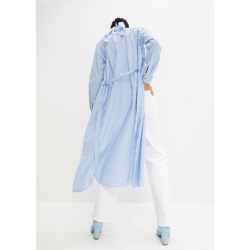 bonprix Blúzkové šaty, pásikované, so šnúrkou na zaviazanie, farba modrá