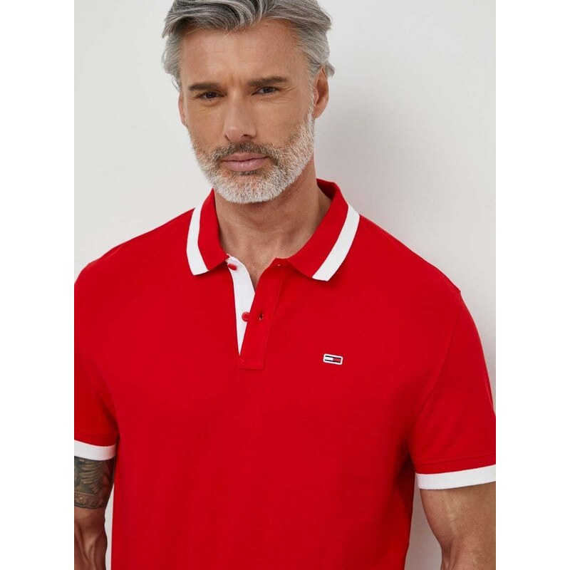 Bavlnené polo tričko Tommy Jeans červená farba,s nášivkou,DM0DM18313