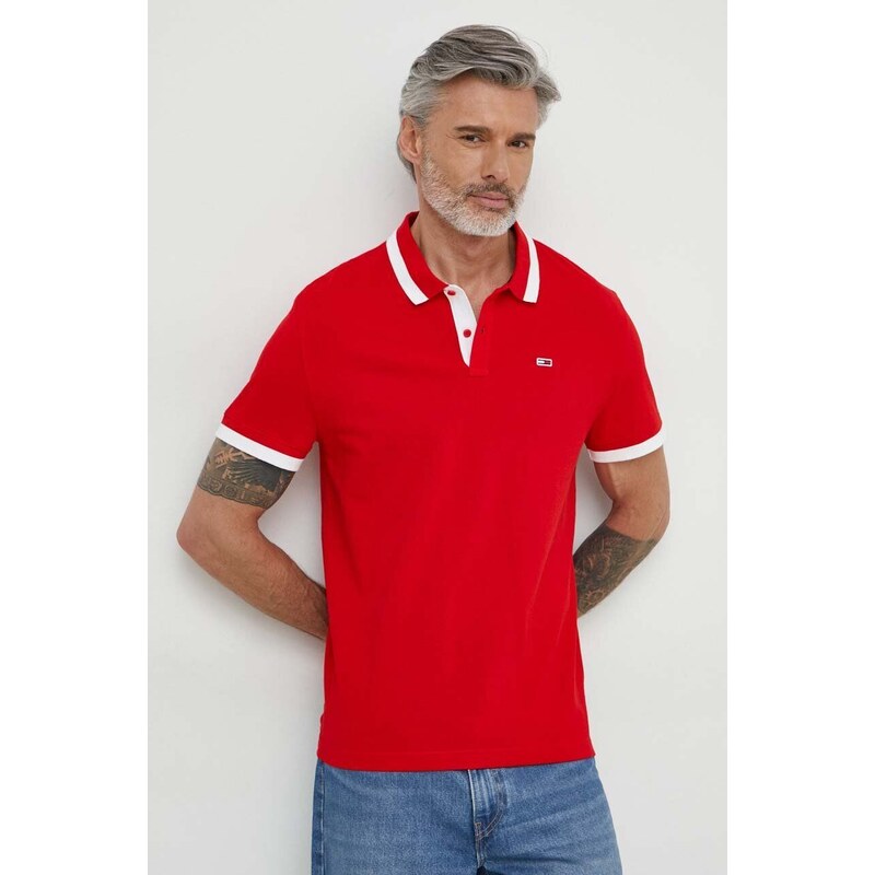 Bavlnené polo tričko Tommy Jeans červená farba,s nášivkou,DM0DM18313