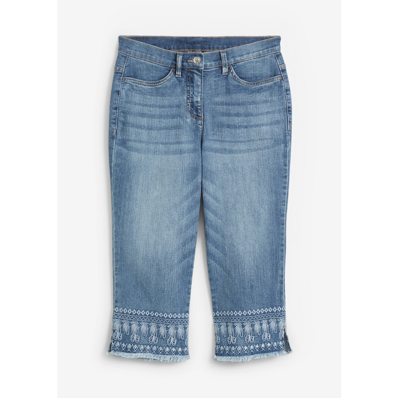 bonprix Capri džínsy s výšivkou, farba modrá, rozm. 36