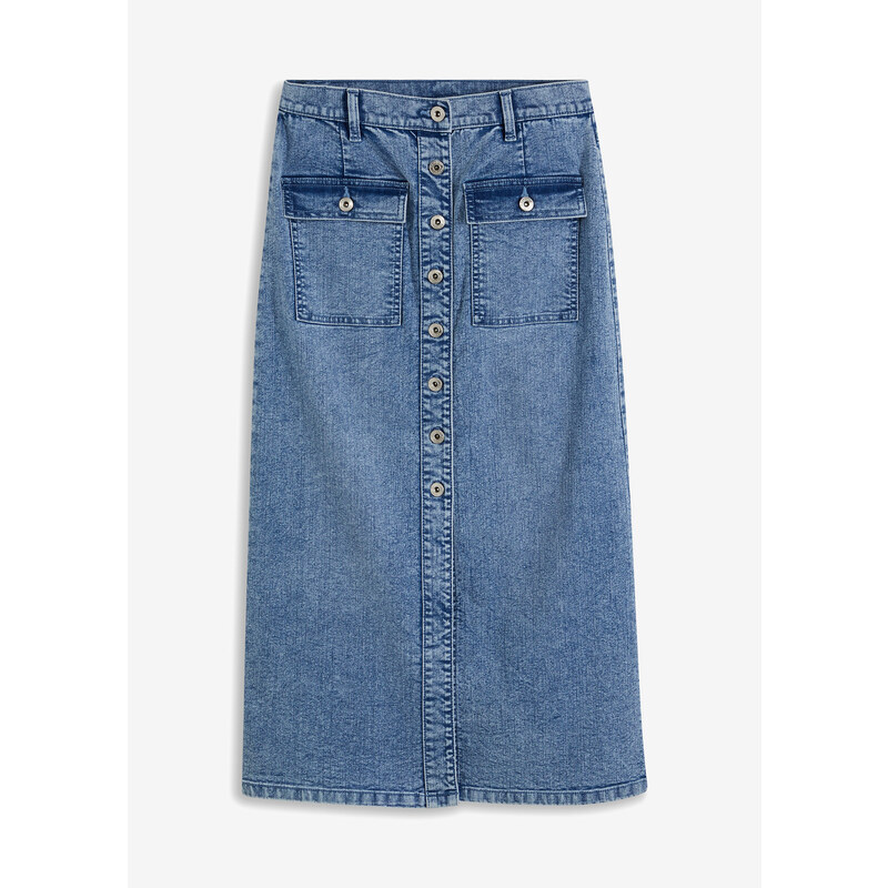 bonprix Džínsová sukňa s ozdobnými vreckami, farba modrá