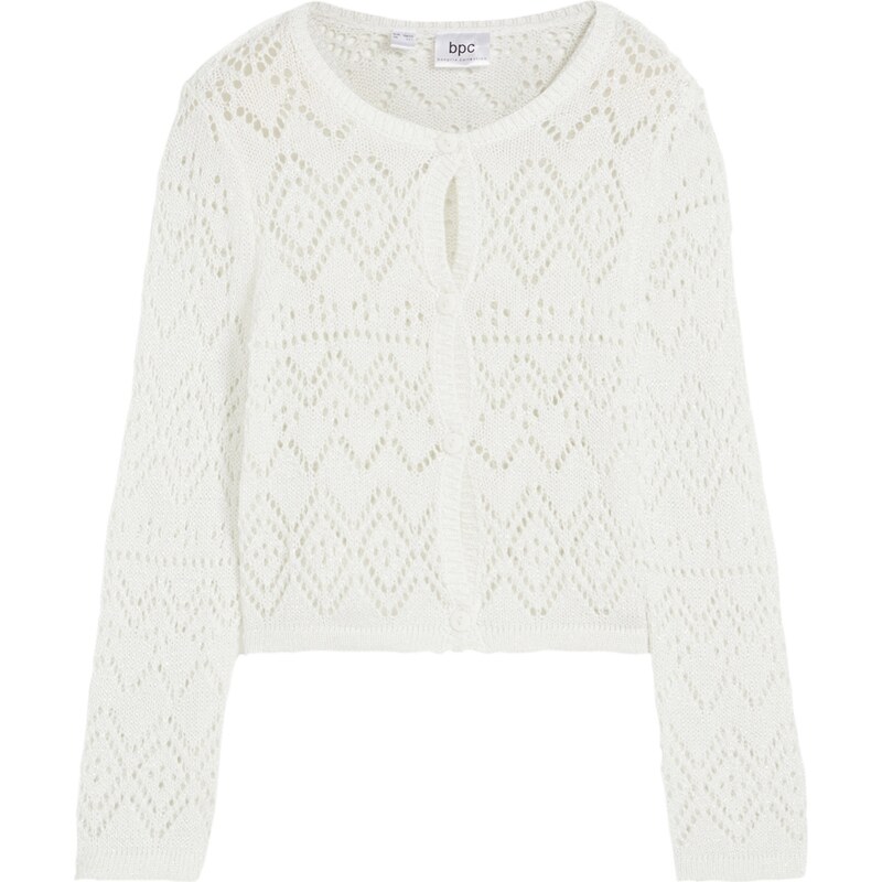bonprix Pletený sveter, ažúrový, pre dievčatá, farba biela, rozm. 128/134
