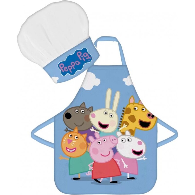 BrandMac Detská zástera s kuchárskou čiapkou Prasiatko Peppa a kamaráti - súprava 2 diely