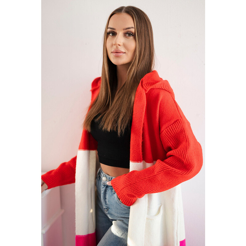K-Fashion Pruhovaný sveter s kapucňou červený+ružový+ružový neón 49792297