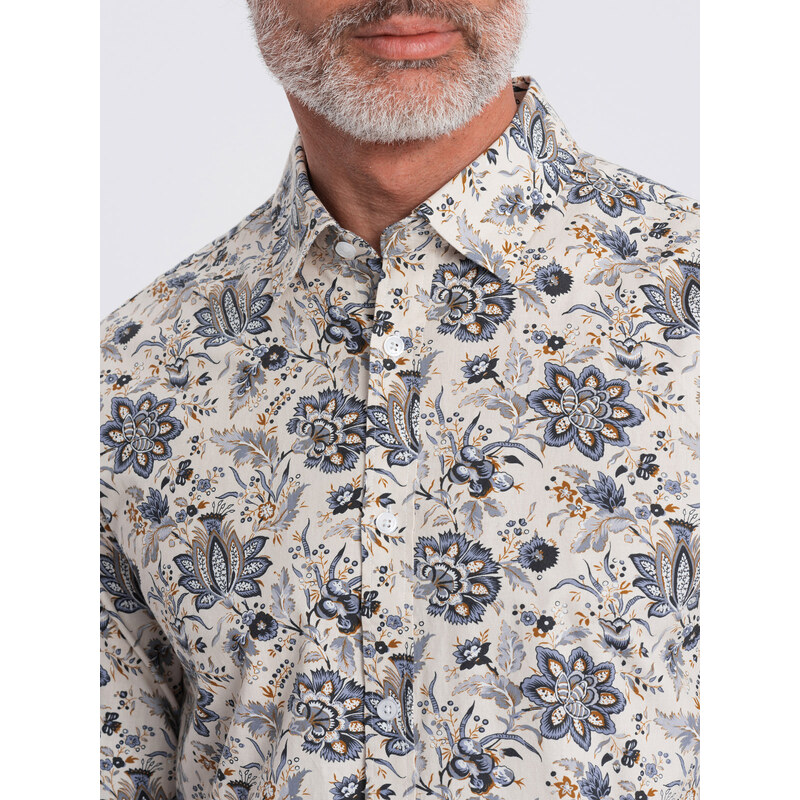 Ombre Clothing Pánska košeľa SLIM FIT s kvetinovým vzorom - béžová a sivá V1 OM-SHPS-0139