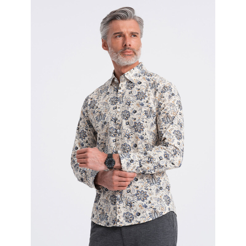 Ombre Clothing Pánska košeľa SLIM FIT s kvetinovým vzorom - béžová a sivá V1 OM-SHPS-0139