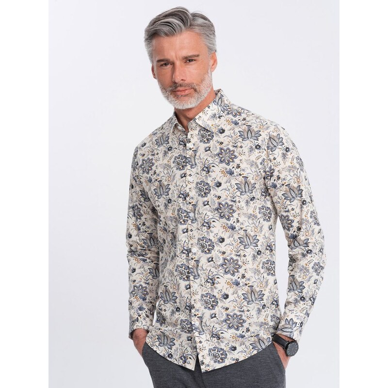 Ombre Clothing Béžovo šedá košeľa s kvetinovým vzorom V1 SHPS-0139