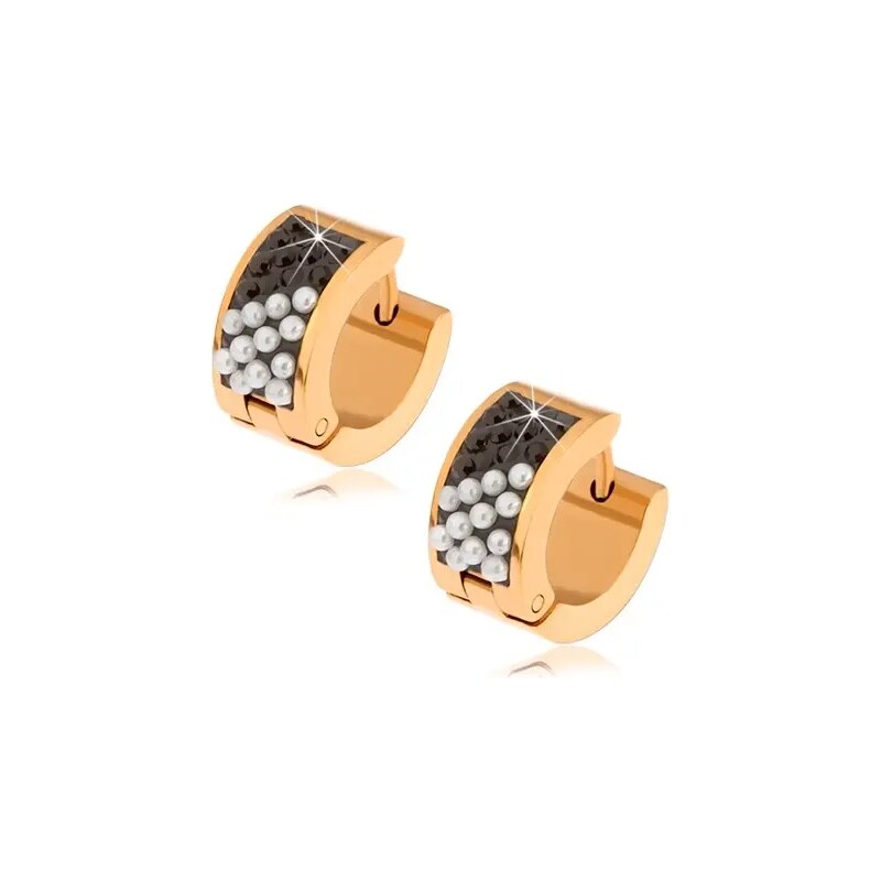 Šperky Eshop - Oceľové náušnice zlatej farby, prúžok s čiernymi zirkónmi a bielymi guličkami S78.10