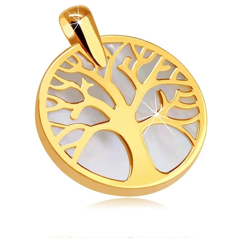 Šperky Eshop - Prívesok v žltom 9K zlate - strom života v obryse kruhu, perleťový podklad GG70.05