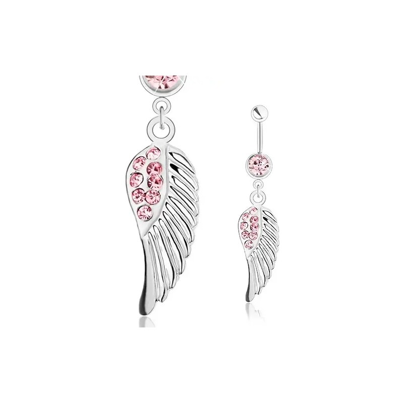 Šperky Eshop - Piercing do pupka, oceľ 316L, anjelské krídlo, strieborný odtieň, ružové zirkóniky SP31.02