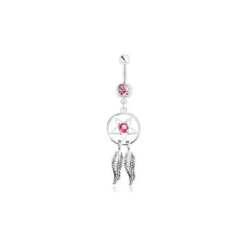 Šperky Eshop - Piercing do pupku z ocele 316L, okrúhly lapač snov s ružovým zirkónom, pierka SP33.26
