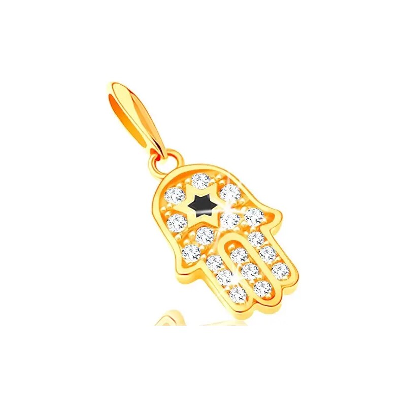 Šperky Eshop - Prívesok zo žltého 14K zlata - symbol Hamsa s čírymi zirkónmi a čiernou hviezdou S2GG121.09