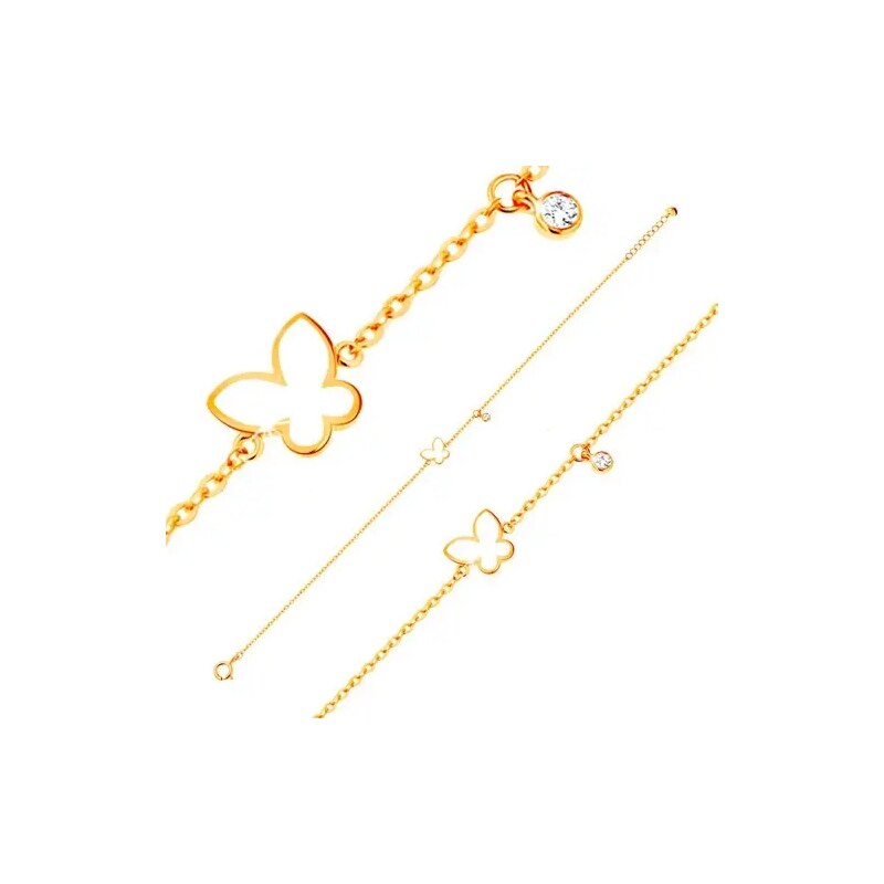 Šperky Eshop - Zlatý 14K náramok - glazúrovaný motýľ bielej farby a číry okrúhly zirkónik S2GG136.21