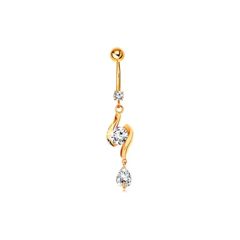 Šperky Eshop - Zlatý 585 piercing do pupku - dve lesklé vlnky so zirkónom v strede a slza S2GG185.31