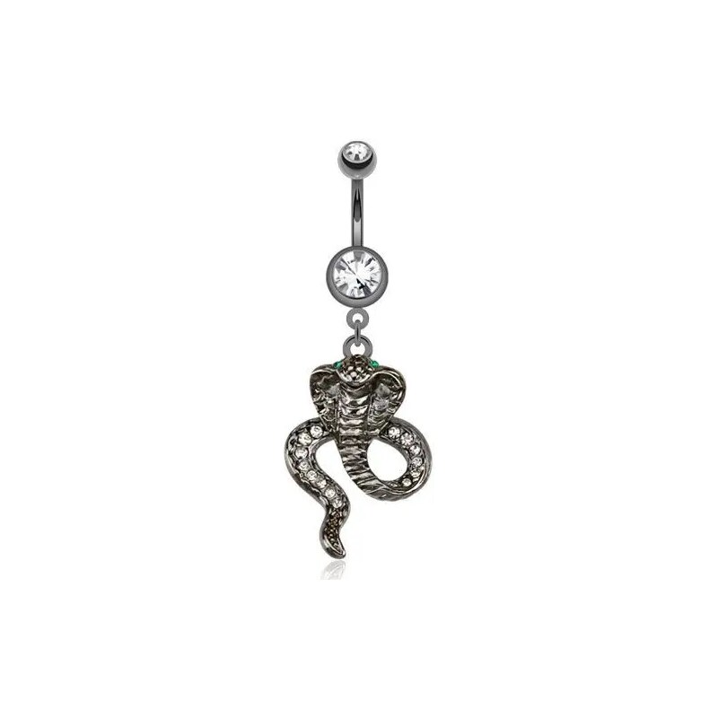 Šperky Eshop - Piercing do pupka z chirurgickej ocele tmavosivej farby, kobra so zelenými očami AA17.23