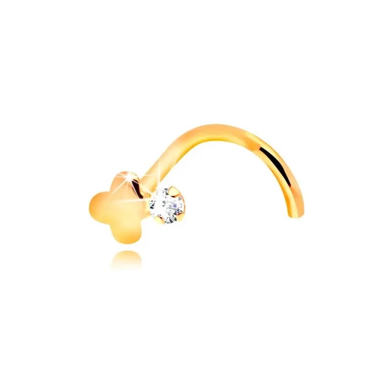 Šperky Eshop - Zahnutý piercing do nosa, žlté 14K zlato, číry zirkón a lesklý krížik S2GG206.09