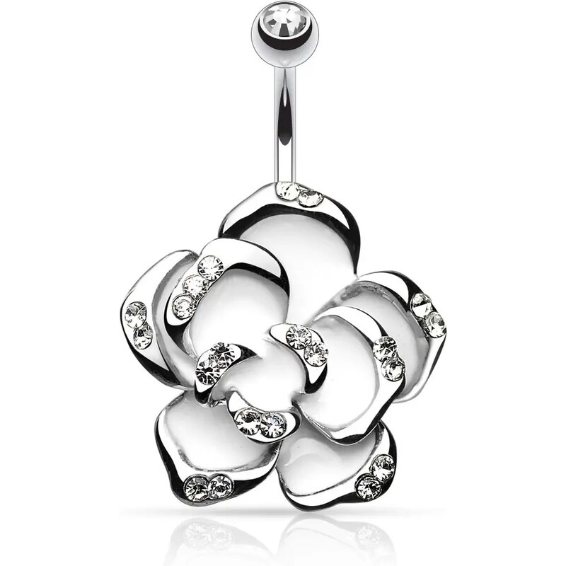 Šperky Eshop - Piercing do pupku, chirurgická oceľ, biela ruža s čírymi zirkónmi AB13.05