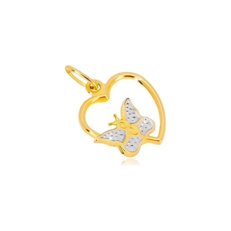 Šperky Eshop - Prívesok v kombinovanom 14K zlate - lesklý obrys srdca, motýlik GG37.22