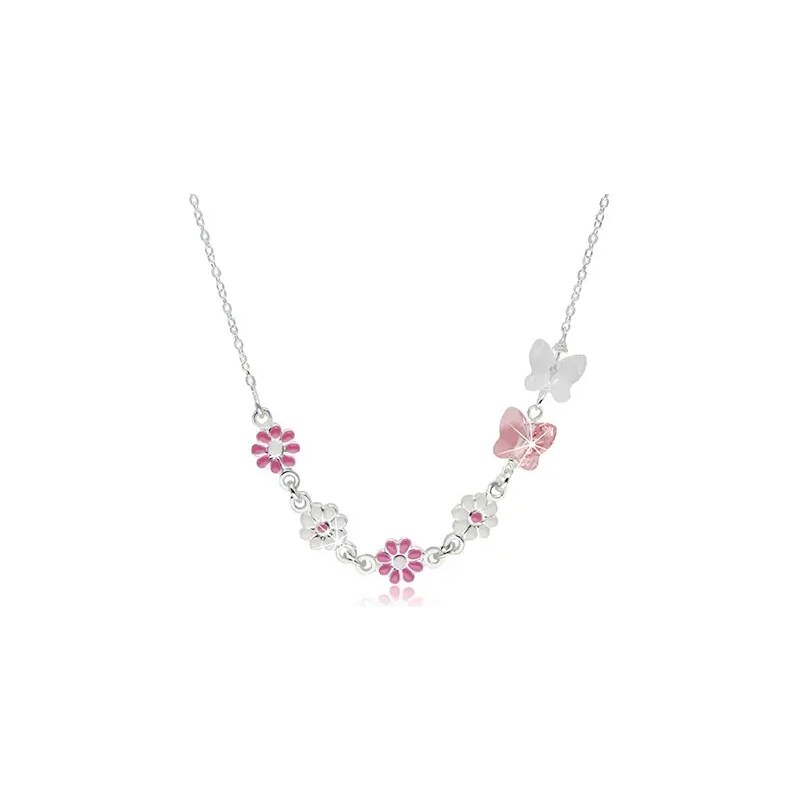 Šperky Eshop - Detský náhrdelník zo striebra 925 - kvietky s ružovou a bielou glazúrou, motýliky zo syntetických kryštálov G19.05