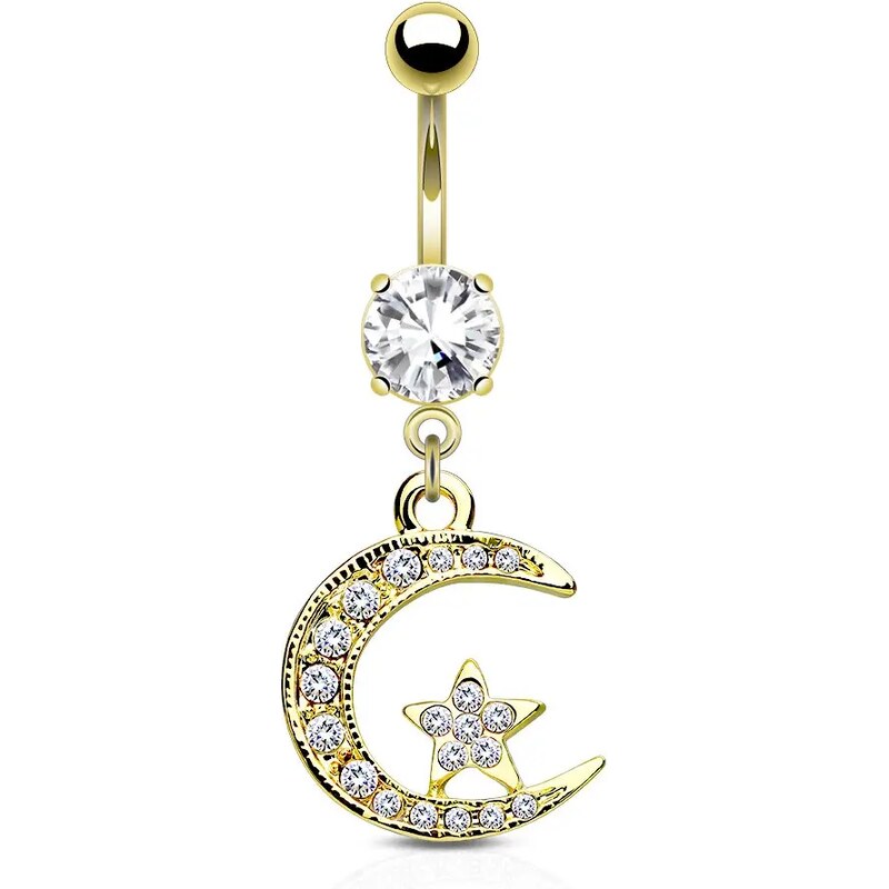 Šperky Eshop - Oceľový piercing do pupku - mesiačik a hviezdička vykladané zirkónikmi, číry zirkón v kotlíku W26.39