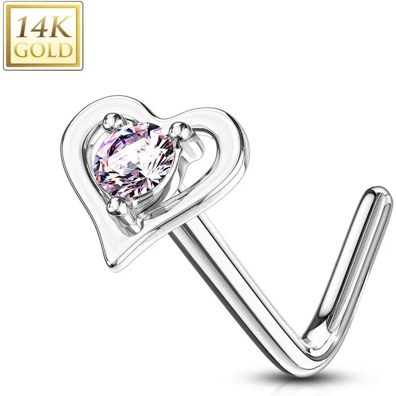 Šperky Eshop - Zahnutý piercing do nosa z bieleho 14K zlata - kontúra srdiečka s ružovým zirkónom S1GG223.19